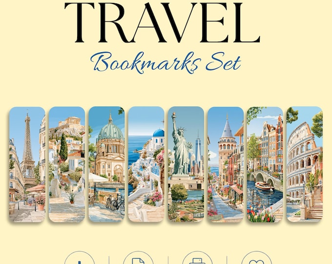 Travel Bookmark Set, 12 City Printable Bookmarks, Digital Download, Reading Gift, World Landmarks, Book Lover Gift
