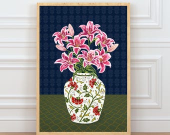 Lily Bouquet Print Digital Download | Iznik Tile Turkish Vase Floral Wall Art | Hand-Drawn Botanical Printable | Ottoman Gift