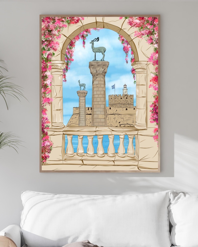 Plakat ścienny Rodos, ręcznie rysowany wydruk greckiej wyspy, plakat podróżniczy do Grecji, wystrój wybrzeża Morza Śródziemnego zdjęcie 12