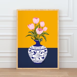 Handgetekende tulpen in een Turkse vaas, Ottomaanse bloemenkunstprint voor aan de muur. afbeelding 1