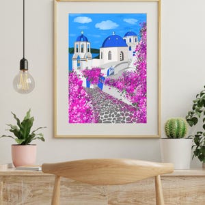 Décoration murale Santorin, imprimé de dômes bleus dessinés à la main, affiche de voyage Grèce, décoration côtière des îles grecques image 6