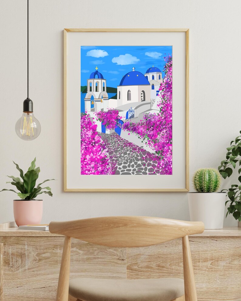 Décoration murale Santorin, imprimé de dômes bleus dessinés à la main, affiche de voyage Grèce, décoration côtière des îles grecques image 6