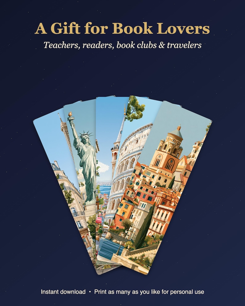 12er-Set Lesezeichen zum Ausdrucken, Lesezeichen mit Reisezielen, Aquarell-Stadtmotive, Geschenk für Bücherliebhaber Bild 5