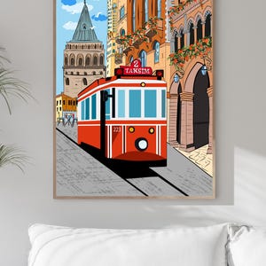 Istanbul Wall Art, Hand Drawn Red Tram and Galata Tower Print, Turkey Travel Poster, Printable City Art 画像 12