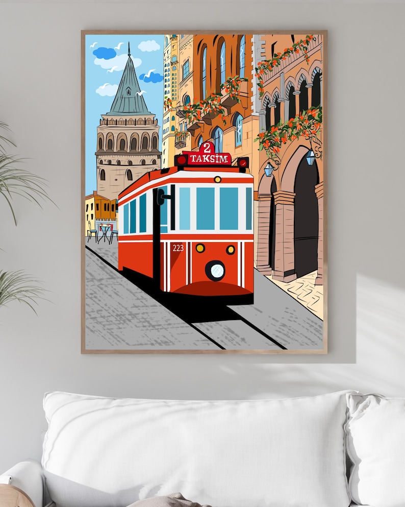 Istanbul Wall Art, Hand Drawn Red Tram and Galata Tower Print, Turkey Travel Poster, Printable City Art 画像 12