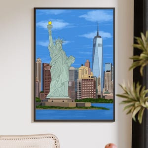 New York Wall Art, Hand Drawn NYC Skyline and Statue of Liberty Print, New York City Travel Poster imagen 9
