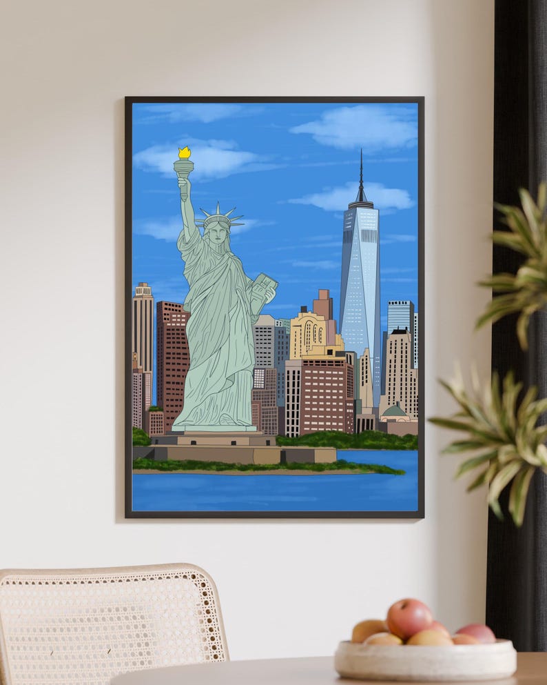New York Wall Art, Hand Drawn NYC Skyline and Statue of Liberty Print, New York City Travel Poster imagen 9