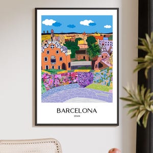 Barcelona Wall Art, Hand Drawn Park Guell Print, Gaudi Architecture, Spain Travel Poster bild 12