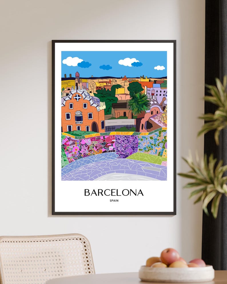 Barcelona Wall Art, Hand Drawn Park Guell Print, Gaudi Architecture, Spain Travel Poster bild 12