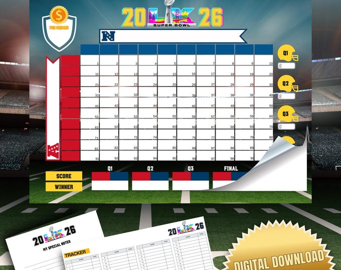 Super Big Bowl Pool 2026 | 100 Squares Football Grid Printable | Team Fundraiser Party Game