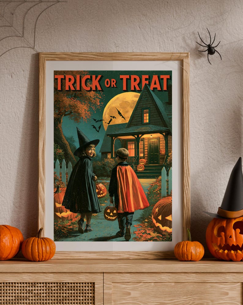 Vintage Halloween Poster, Trick or Treat Printable, Retro Jack O Lantern Wall Art, Halloween Decor bild 5