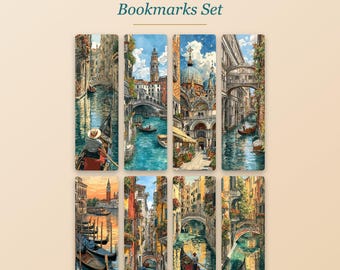 Venedig Lesezeichen-Set mit 8 druckbaren Motiven, Aquarell-Lesezeichen aus Italien, Gondelkanal-Lesezeichen, Geschenk für Bücherliebhaber