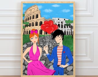 Rome Print Digital Download | Colosseum Italy Wall Art Travel Poster | Hand-Drawn Illustration | Roman Architecture Gift Decor