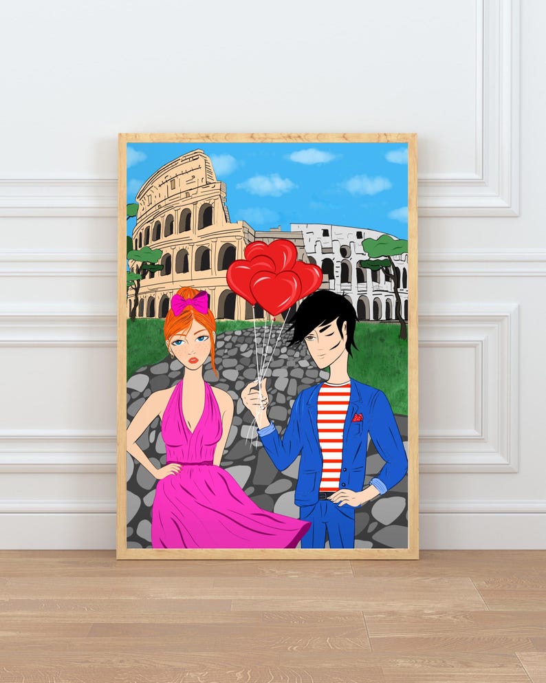 Rome Wall Art, Hand Drawn Colosseum Print, Italy Travel Poster, Printable Roman City Illustration image 1