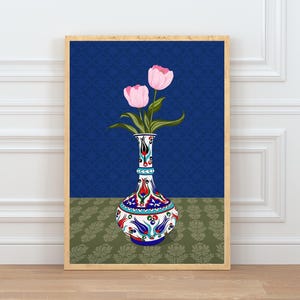Pink Tulip Wall Art, Hand Drawn Ottoman Vase Print, Turkish Floral Illustration, Maximalist Flower Art image 1