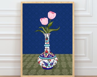 Pink Tulip Wall Art, Hand Drawn Ottoman Vase Print, Turkish Floral Illustration, Maximalist Flower Art