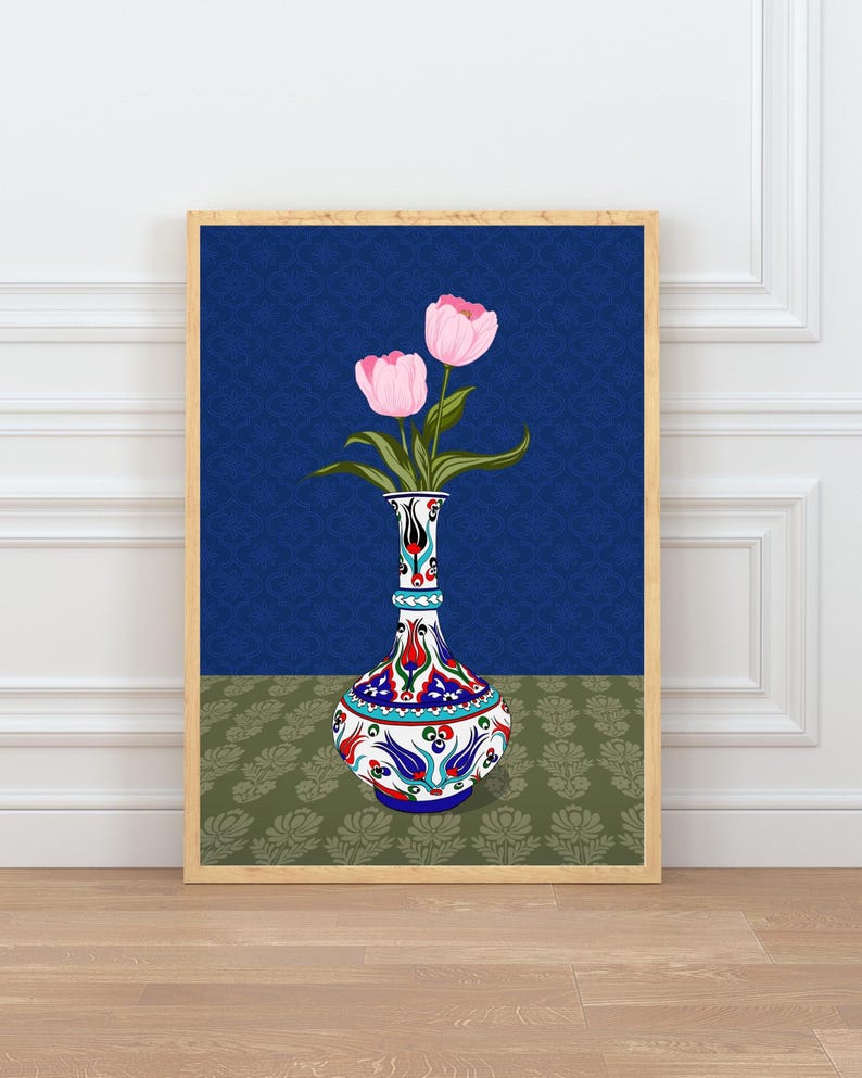 Pink Tulip Wall Art, Hand Drawn Ottoman Vase Print, Turkish Floral Illustration, Maximalist Flower Art image 1