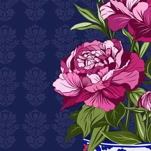 May include: A digital illustration featuring vibrant pink and magenta peony flowers with green leaves arranged in a white vase decorated with blue, orange, and green floral patterns, set against a dark blue background with a repeating floral motif.