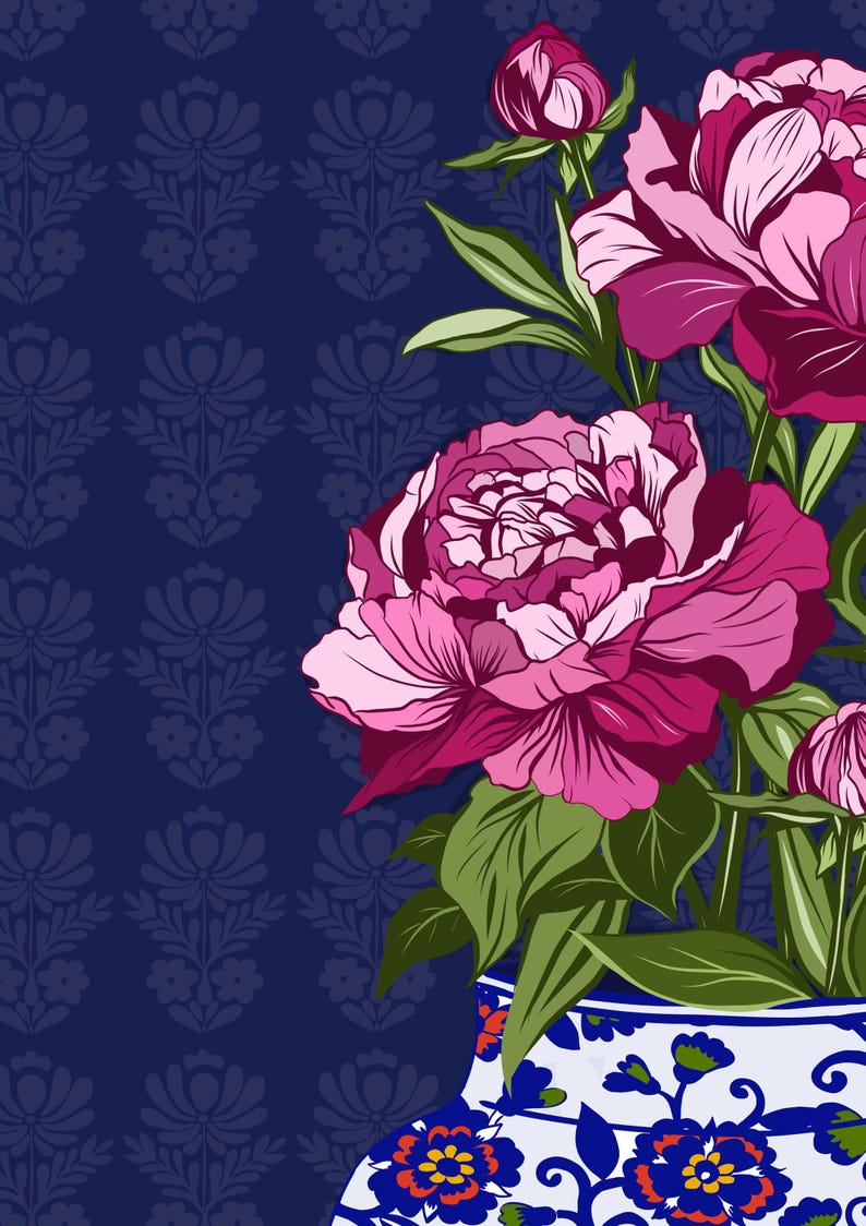 May include: A digital illustration featuring vibrant pink and magenta peony flowers with green leaves arranged in a white vase decorated with blue, orange, and green floral patterns, set against a dark blue background with a repeating floral motif.