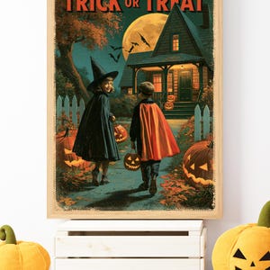 Vintage Halloween Poster, Trick or Treat Printable, Retro Jack O Lantern Wall Art, Halloween Decor bild 7