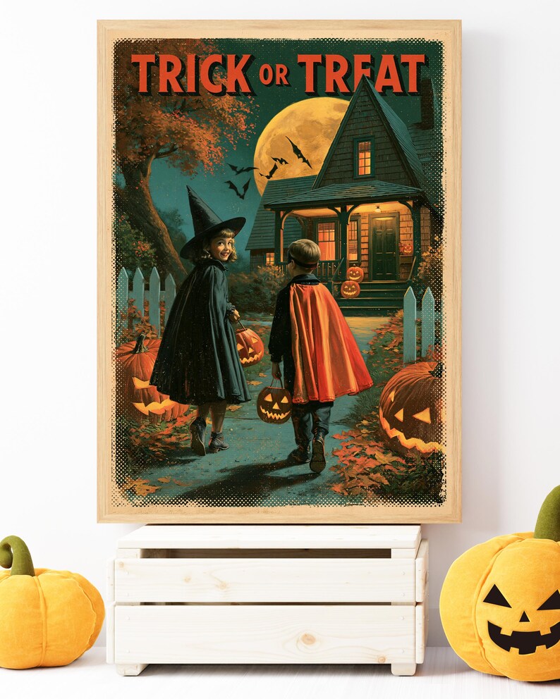 Vintage Halloween Poster, Trick or Treat Printable, Retro Jack O Lantern Wall Art, Halloween Decor bild 7