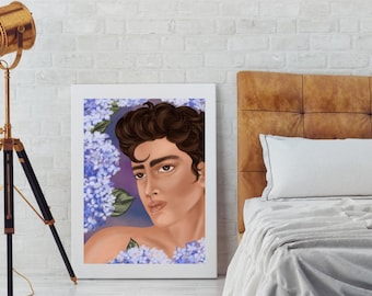 Botanical Male Portrait Wall Art, Floral Modern Printable Digital Download