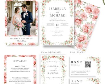 Pink Floral Wedding Invitation Suite, Editable Canva Template, Printable, QR RSVP, Rose Wedding Invite, Digital Download