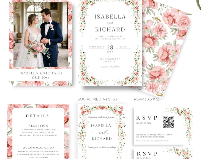 Pink Floral Wedding Invitation Suite, Editable Canva Template, Printable, QR RSVP, Rose Wedding Invite, Digital Download