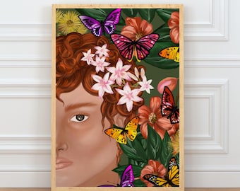 Floral Male Portrait Print Digital Download | Butterfly Botanical Wall Art | Hand-Drawn Illustration | Modern Portrait Printable