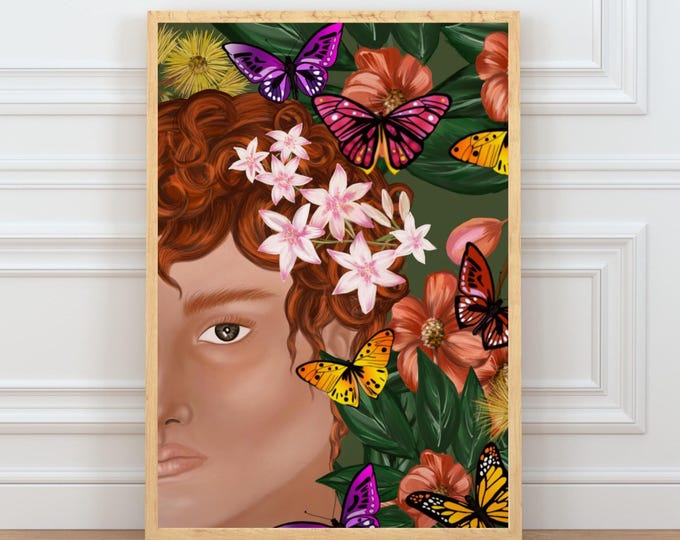 Floral Male Portrait Print Digital Download | Butterfly Botanical Wall Art | Hand-Drawn Illustration | Modern Portrait Printable