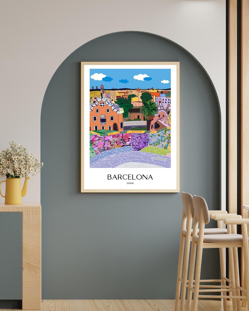 Barcelona Wall Art, Hand Drawn Park Guell Print, Gaudi Architecture, Spain Travel Poster bild 9