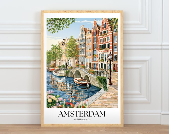Amsterdam Netherlands Travel Poster, Iconic City Wall Art, European Architecture Illustration, Home Decor Digital Download