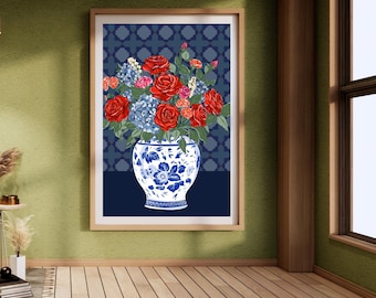 Hand-Drawn Floral Print in Blue Porcelain Vase