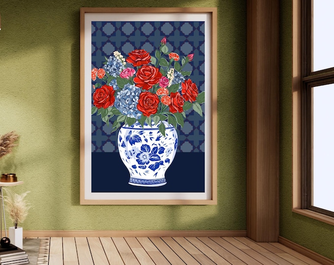 Hand-Drawn Floral Print in Blue Porcelain Vase