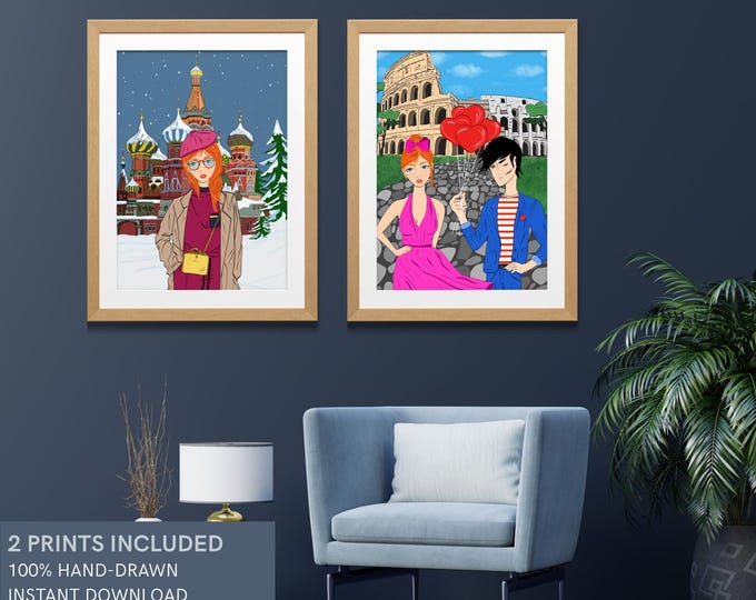 Rome & Moscow Art Prints – Hand-Drawn City Travel Posters (Set of 2) (Digital Download)