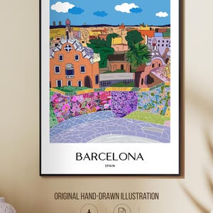 Barcelona Wall Art, Hand Drawn Park Guell Print, Gaudi Architecture, Spain Travel Poster bild 2