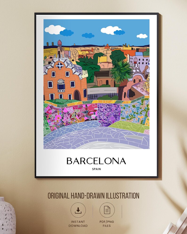 Barcelona Wall Art, Hand Drawn Park Guell Print, Gaudi Architecture, Spain Travel Poster bild 2