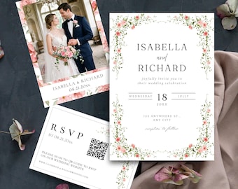Pink Floral Wedding Invitation Suite, Editable Canva Template