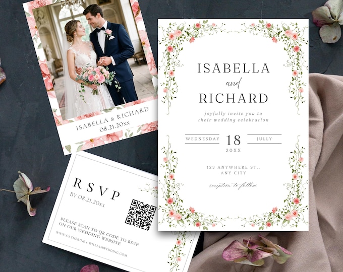 Pink Floral Wedding Invitation Suite, Editable Canva Template