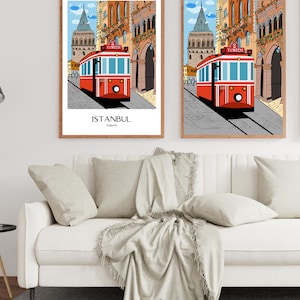 Istanbul Wall Art, Hand Drawn Red Tram and Galata Tower Print, Turkey Travel Poster, Printable City Art 画像 7