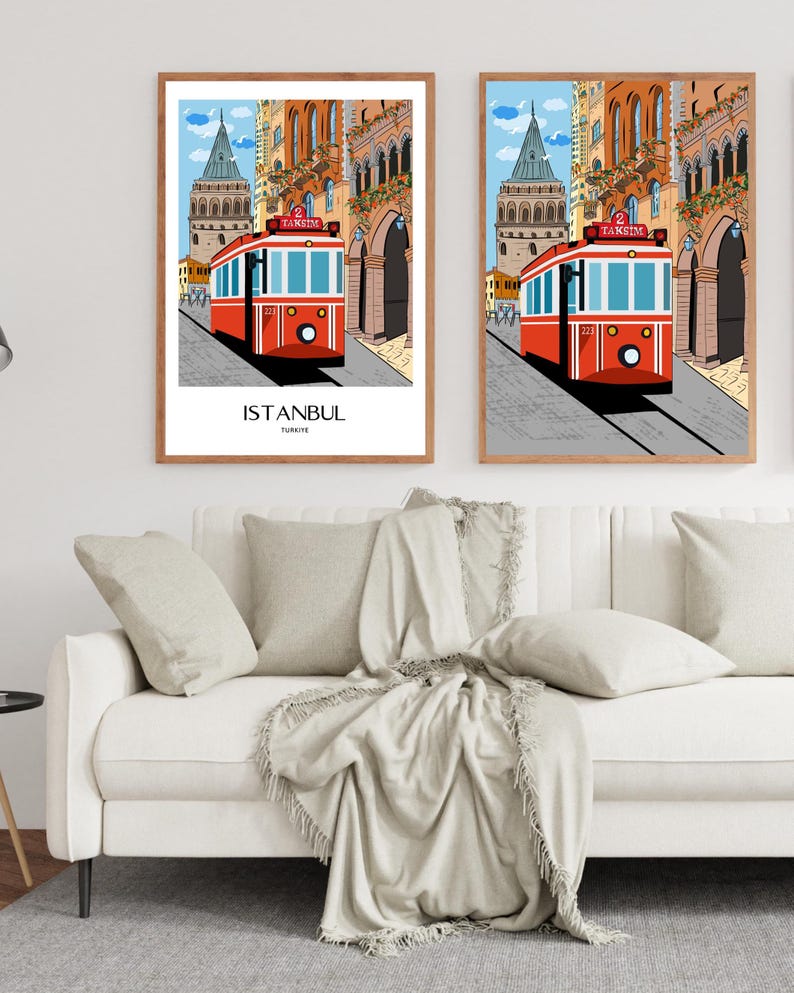 Istanbul Wall Art, Hand Drawn Red Tram and Galata Tower Print, Turkey Travel Poster, Printable City Art 画像 7