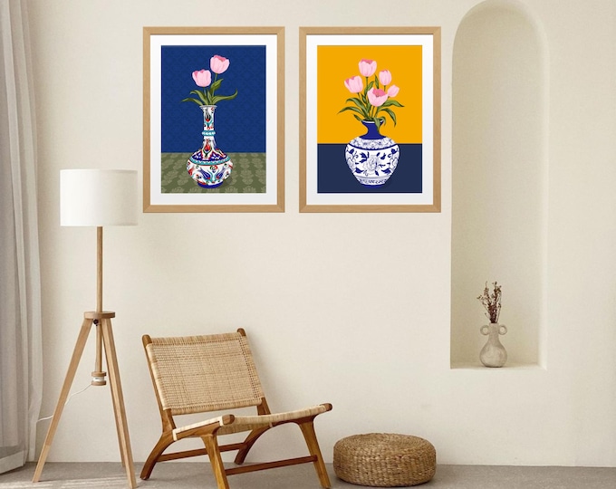 Set of 2 Hand-Drawn Floral Vase Prints | Ottoman Blue & Yellow Porcelain Digital Download