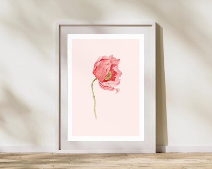 Minimal Poppy Flower Printable Wall Art – Soft Pink Botanical Illustration Digital Download