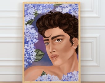 Hydrangea Portrait Print Digital Download | Botanical Male Wall Art | Hand-Drawn Floral Illustration | Modern Printable Decor