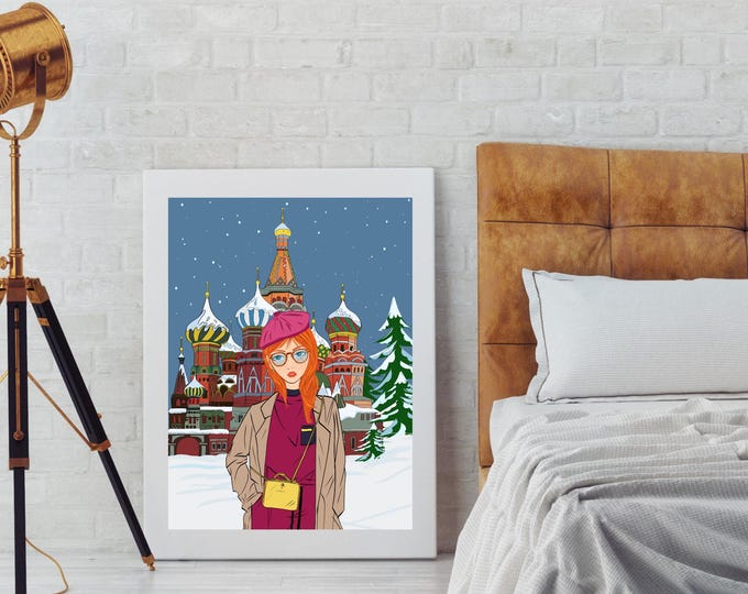 Moscow Travel Poster – St. Basil's Cathedral, Winter Girl Illustration (Digital Download)