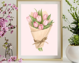 Pastel Tulip Bouquet Wall Art Printable | Pink Floral Digital Download | Ribbon Flower Poster