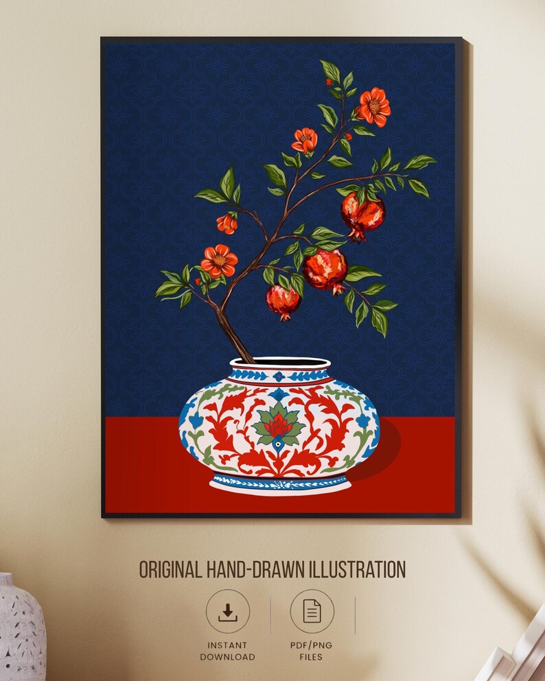May include: A framed digital illustration featuring a pomegranate branch with orange-red flowers and ripe red fruit emerging from a white, red, and blue patterned ceramic vase, set against a dark blue background with a subtle repeating pattern.