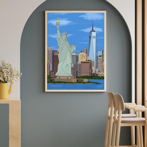 New York Wall Art, Hand Drawn NYC Skyline and Statue of Liberty Print, New York City Travel Poster imagen 8