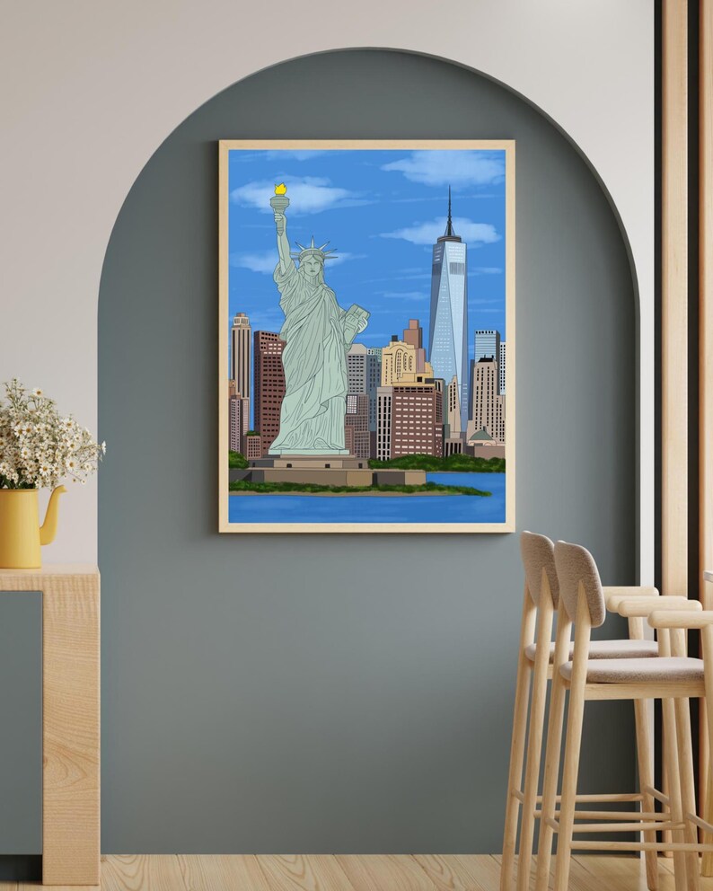 New York Wall Art, Hand Drawn NYC Skyline and Statue of Liberty Print, New York City Travel Poster imagen 8