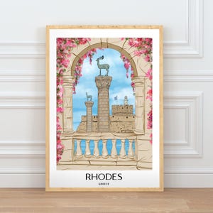 Plakat ścienny Rodos, ręcznie rysowany wydruk greckiej wyspy, plakat podróżniczy do Grecji, wystrój wybrzeża Morza Śródziemnego zdjęcie 1